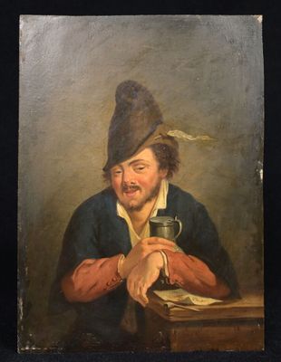 an old painting of a man with a feather on his head sitting at a table