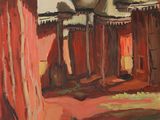 une image représentant une peinture d'une grange rouge au toit de chaume