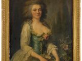 un tableau représentant une femme en robe verte tenant des fleurs
