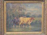 painting of two cows crossing a river in a wooded setting