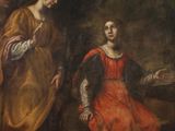 an image of a painting of a woman standing next to a man in a red dress