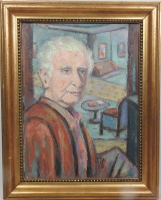 an oil painting of a man sitting in a chair in front of a table
