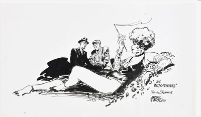 drawing of a man and woman sitting on a chair with a flag