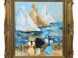 painting of a couple on the beach with sailboats in the background