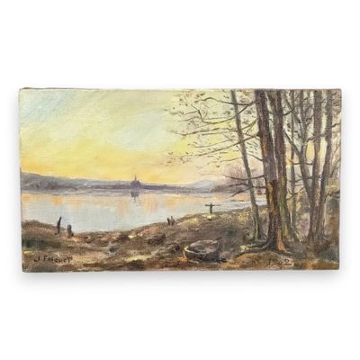 une image d'un tableau représentant un coucher de soleil sur une étendue d'eau