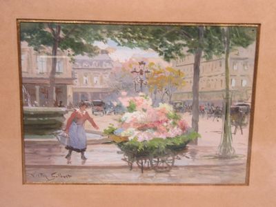un tableau représentant une femme poussant un chariot rempli de fleurs