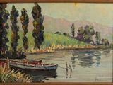 an oil painting of a boat on a river with trees in the background