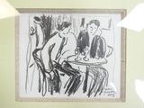 un dessin représentant un homme et une femme assis à une table