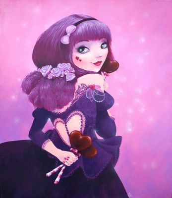 tableau représentant une femme en robe violette tenant un ours en peluche