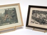two framed pictures of people on a white surface
