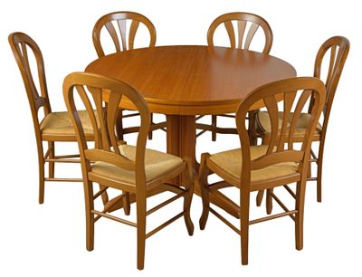 a wooden table with six chairs around it