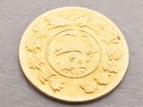 a close up of a gold coin on a gray surface