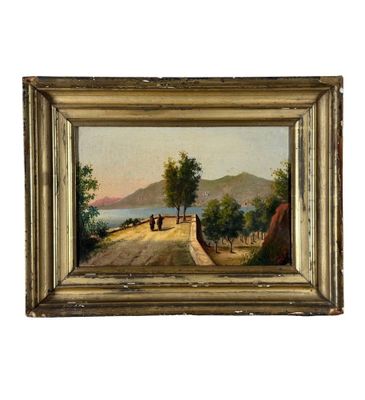 une peinture à l'huile sur toile représentant une route de campagne sur laquelle marchent des personnes
