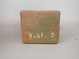 an old metal box with the word sold written on it