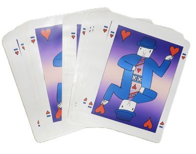 three playing cards with a drawing of a man in a suit and tie