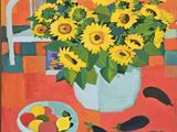 a painting of sunflowers in a vase on a table