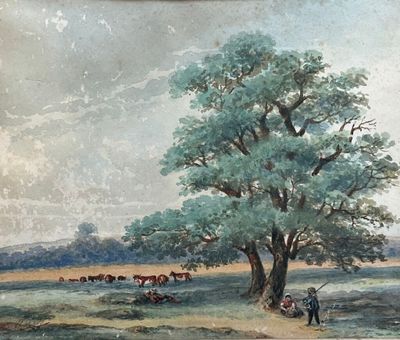 un tableau représentant un homme debout sous un arbre dans un champ