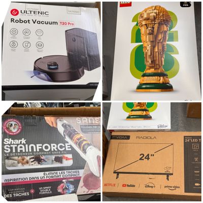 plusieurs photos différentes d'une boîte contenant un robot aspirateur et d'une boîte sur laquelle figure un robot aspirateur