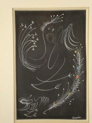 painting of a blackboard with a drawing of a bird and fish on it
