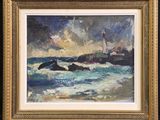 an oil painting of a lighthouse on a rocky beach