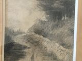 dessin représentant une route dans un paysage avec des arbres au loin
