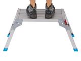 the legs of a man standing on top of a step stool