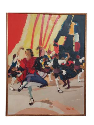an image of a painting of a group of people dancing in the street