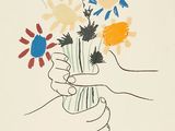 a drawing of a hand holding a bouquet of flowers