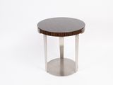 a close up of a table with a wooden top and metal legs