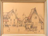 dessin représentant une scène de rue avec une calèche devant un immeuble