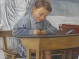 a painting of a boy sitting at a desk writing