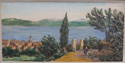 une peinture à l'huile représentant un homme descendant une colline, avec une vue sur une ville en arrière-plan