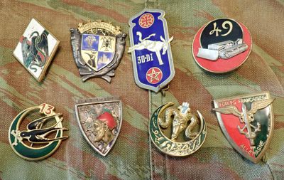 a lot of badges that are laying on a camouflage surface