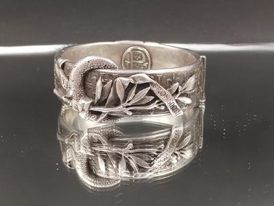 un gros plan d'un bracelet en argent orné d'un serpent