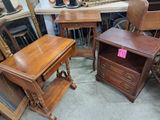 several pieces of furniture including a table, chair, lamp and mirror