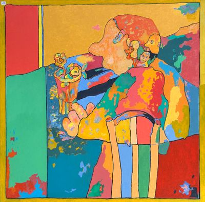 a painting of a man and a woman standing together