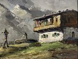 un tableau représentant un homme debout devant un bâtiment