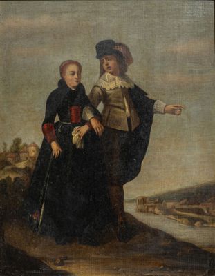 an old painting of two people standing next to each other on a hill
