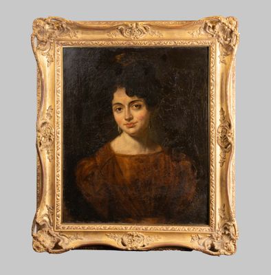 a painting of a woman in a brown dress is shown