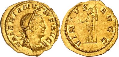 a gold coin with an image of a woman holding a sword