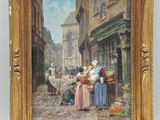 tableau représentant une scène de rue avec des personnages et un cheval au premier plan