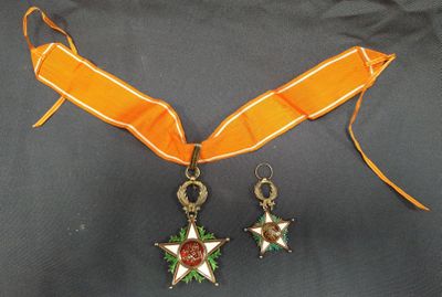 médaille et paire de boucles d'oreilles avec un ruban orange sur fond noir