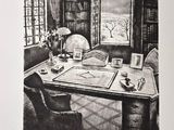 a black and white drawing of a desk in a room
