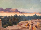 une image représentant un tableau représentant une scène désertique avec une montagne en arrière-plan