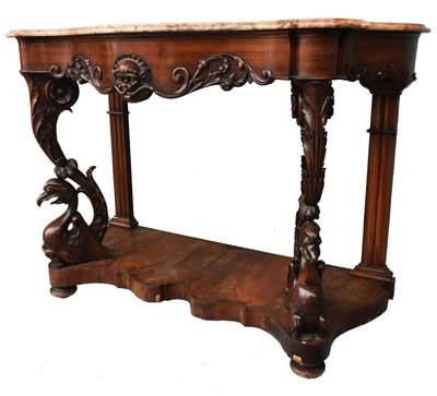 une table en bois avec un plateau en marbre sur fond blanc