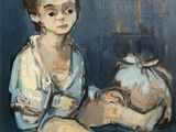 an oil painting of a young boy sitting on the ground with a pig