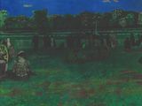 une peinture représentant une calèche tirée par des chevaux dans un champ