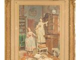 tableau représentant une femme et un enfant dans un salon, avec une cage à oiseaux