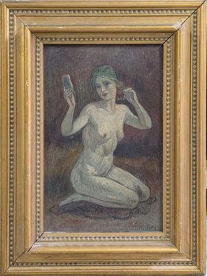 un tableau représentant une femme nue assise par terre