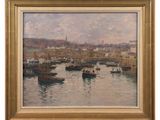 an oil painting of boats in a harbor with a city in the background